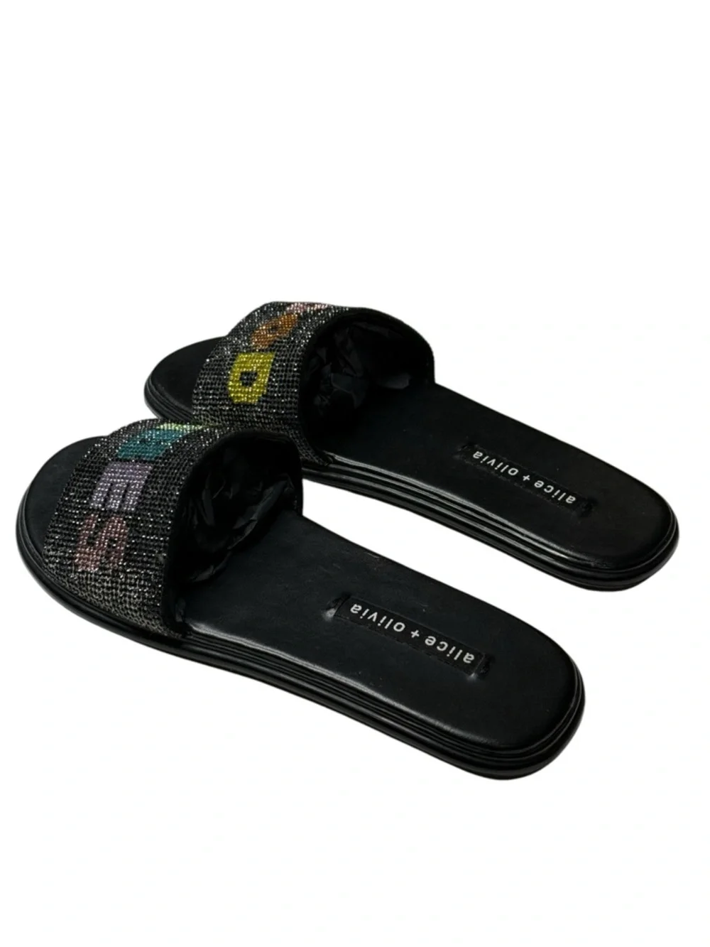 HTF: Alice + Olivia 𖦹 Tatum Good Vibes Slide Crystal Sandals 𖦹 Black 𖦹 7.5M 𖦹 - Picture 5 of 16